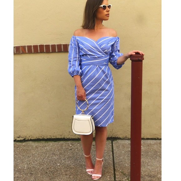 🆕Blair Blue Striped Off the Shoulder Midi Dress - Picture 2 of 6